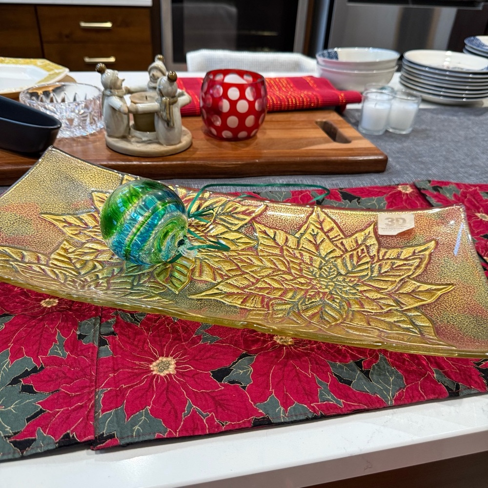 3D GLASSWARE Clear~Gold Metallic Floral Raised Pattern Curved Rectangular Server